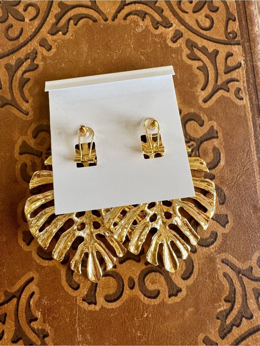 Natasha Couture Gold Monstera Leaf Statement Earrings - Picture 4 of 4